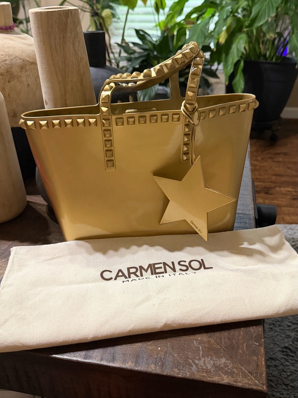 Carmen Sol Gold Metallic Studded Jelly Tote Bag Made in Italy/dust bag